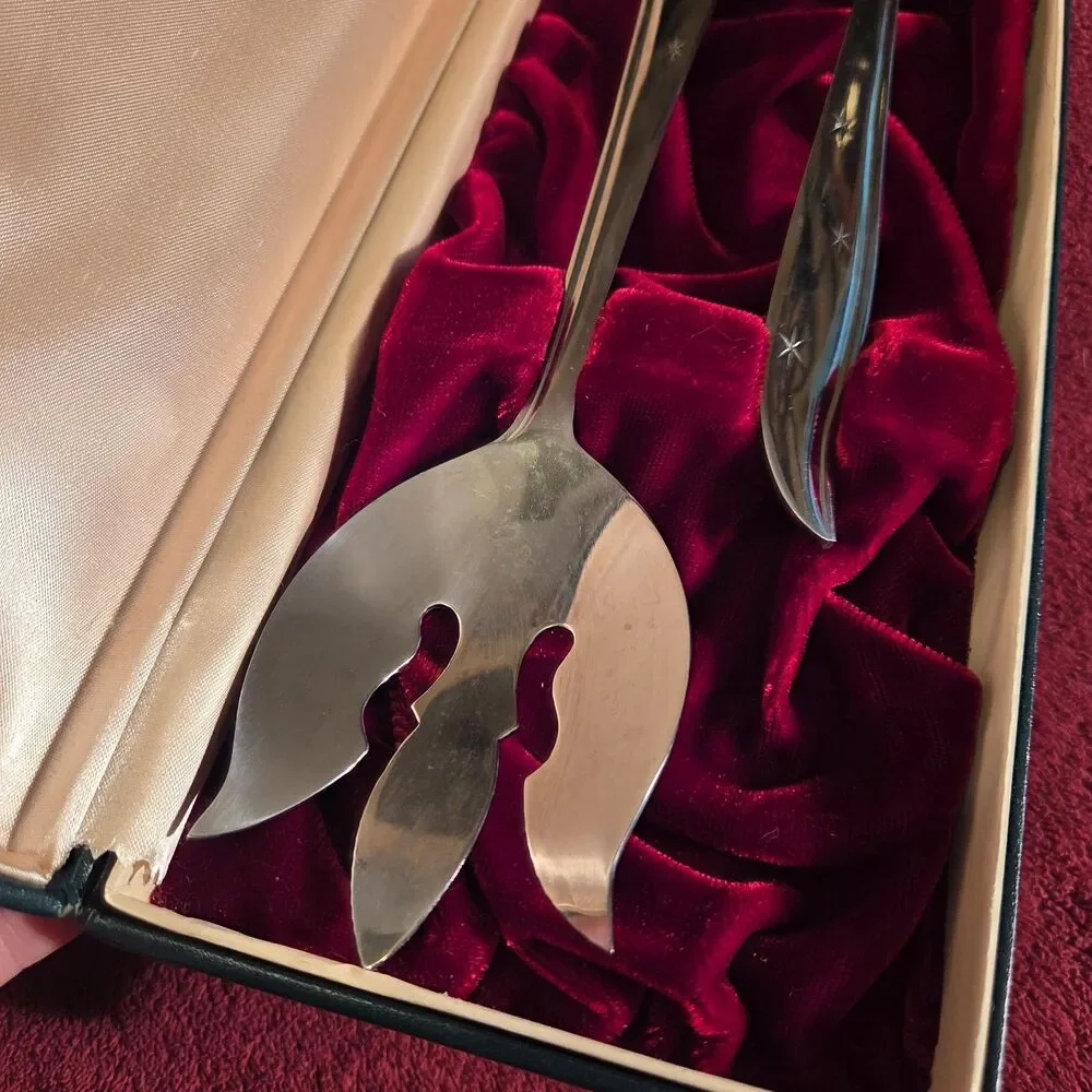 Vintage Nasco Starette Stainless Salad Serving Set 2pc Atomic Star Japan Boxed